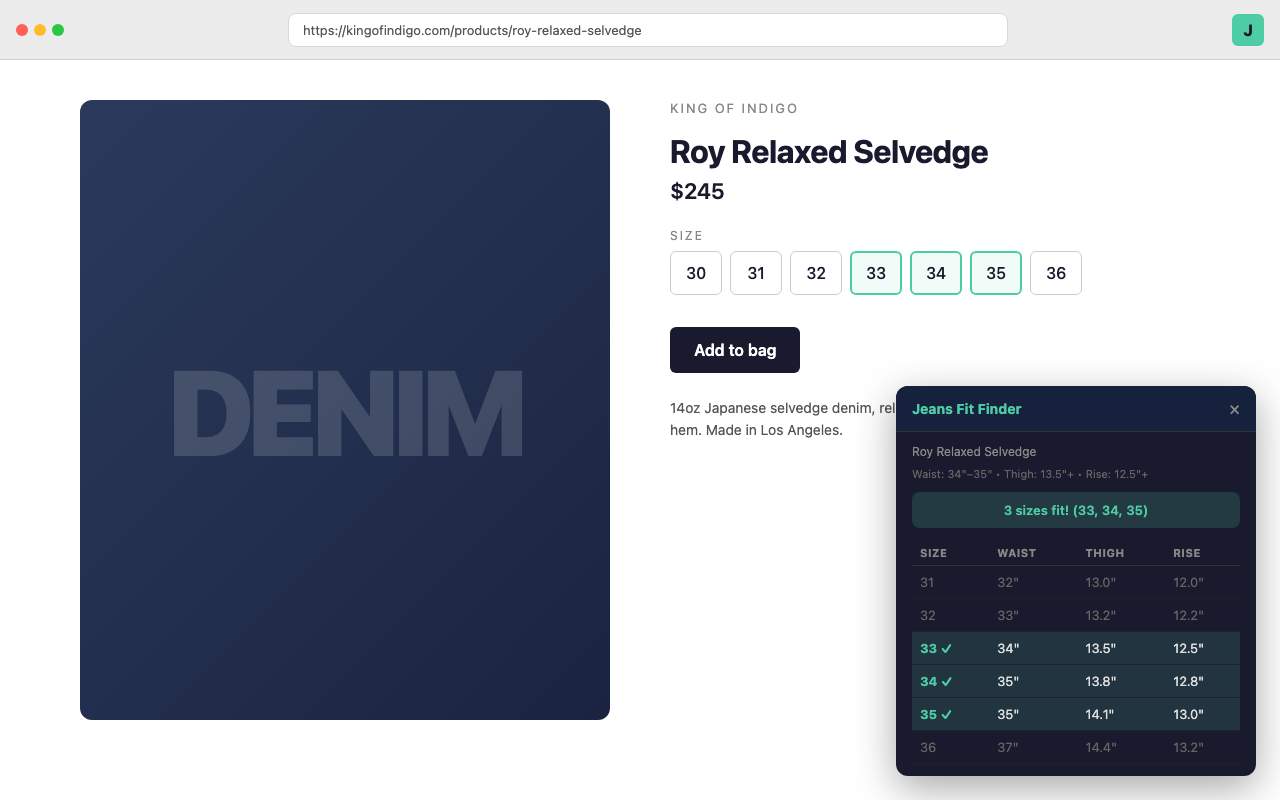 Extension showing which sizes fit on a jeans product page